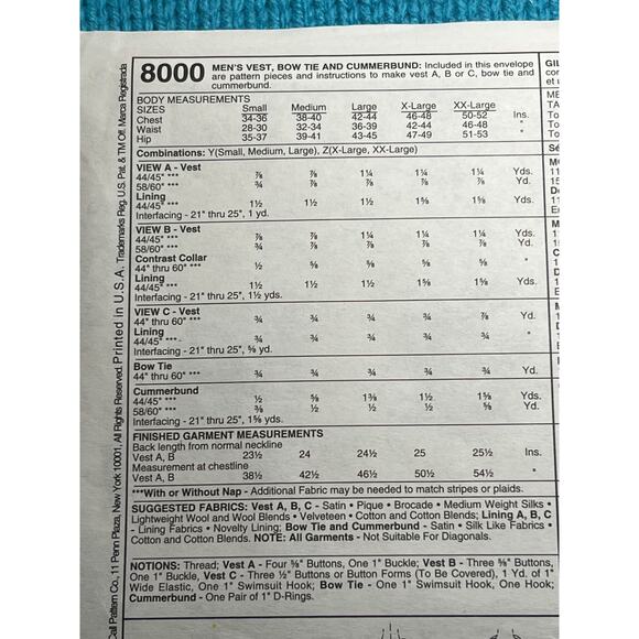 McCalls 8000 mens vest bow tie cummerbund pattern size Small Medium - Picture 4 of 6
